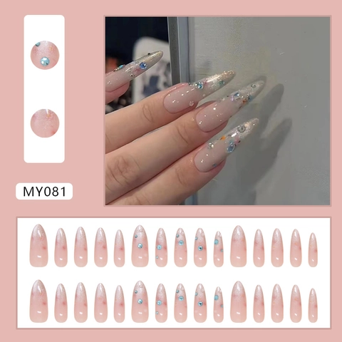 Ψεύτικα Νύχια Press On Cat Eye Glitter Μακρύ Αμυγδαλωτό Nude Ροζ Στρας Ντεγκραντέ Για Γυναίκες Κομψό Μανικιούρ