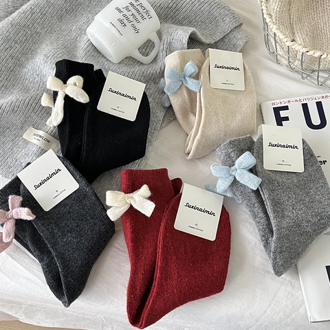 Damen Wollmischung Crew Socken Schleife Dekor Gestrickt Wadenhoch Winter Warm Japanischer Stil Weich