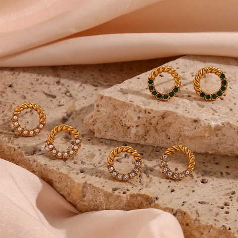 Orecchini a Bottone a Cerchio a Torsione in Acciaio Inossidabile Con Strass Perla Artificiale Donna Vintage Oro Gioielli