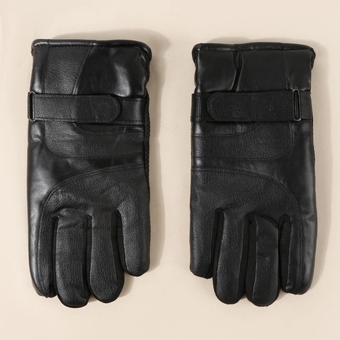 Men's Winter Gloves PU Leather Warm Lining Windproof Outdoor Cycling Solid Black Adjustable Wrist Strap Thermal