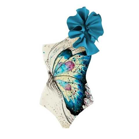 Women One Shoulder Swimsuit Floral Decoration Butterfly Print Polyester Swimwear And Matching Cover Up
