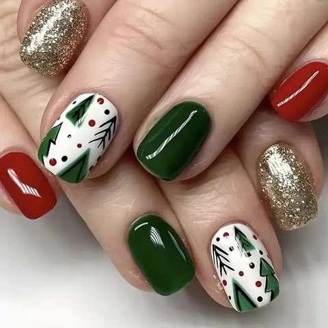 Christmas Press On Nails Short Square Christmas Tree Red Green Gold Glitter False Nails For Holiday Party Women
