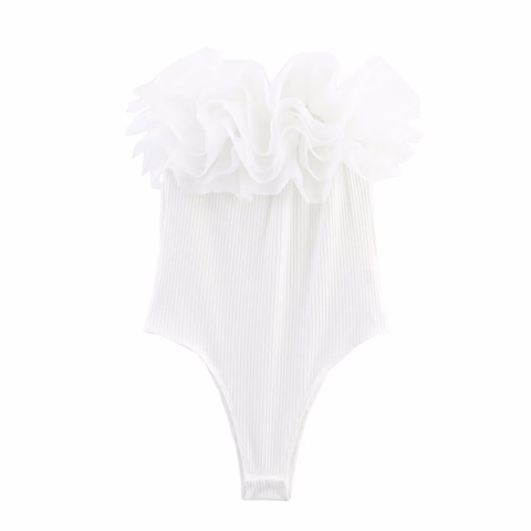 Sexy Dames Bodysuit Ribgebreid Organza Ruches Mouwloos Off Shoulder Slim Fit Elegant