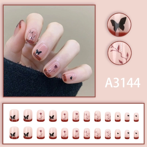 French Gradient Press On Nails Acrylic Butterfly Rose Pattern Short Square Y2K Sweet Cool Style False Nails For Women