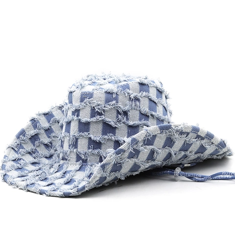 Cappello da Cowboy in Denim Lavato Vintage Americano da Donna Blu Bianco Plaid Cappello da Sole a Tesa Larga Con Corda Antivento Regolabile Bordo Sfrangiato Cappello Fedora Retro