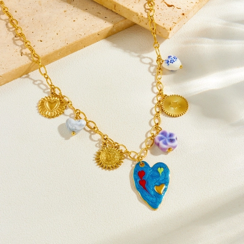 Bohemian Multi-Element Heart Pendant Necklace Stainless Steel Enamel Flower Sun Star Vintage Jewelry For Women