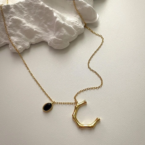Collana In Argento Sterling 925 Con Pendente Lettera C Trama Bambù E Gemma Nera Ovale Vintage Minimalista Per Donna