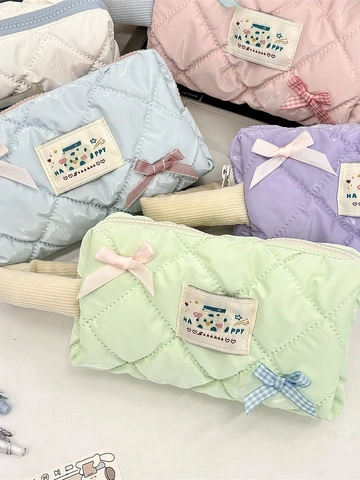 Neceser De Poliéster Acolchado Brillante Gran Capacidad Color Macaron Lazo Asa Bolsa De Almacenamiento De Cosméticos Para Mujeres