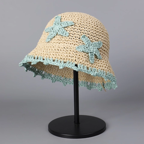 Straw Bucket Hat Paper Straw Handmade Starfish Decor Breathable Sunshade Beach Holiday Wide Brim For Women