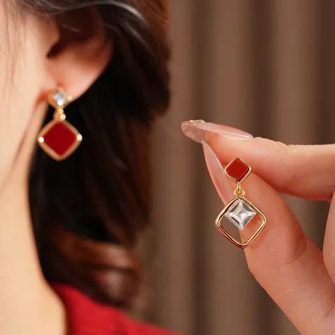 Geometric Asymmetric Square Earrings For Women With Zircon Copper 18K Gold Plated Silver Earring Post Retro Fashion