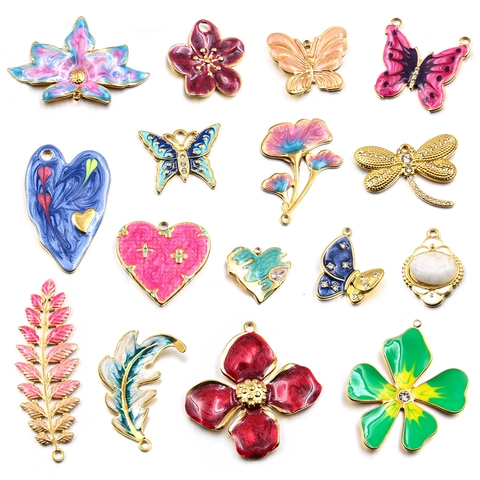 Ciondoli Farfalla Libellula Fiore Foglia In Acciaio Inossidabile Smalto Strass DIY Accessori Creazione Gioielli