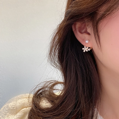 Flower Artificial Pearl Earrings Rhinestone Alloy With 925 Sterling Silver Earring Post Elegant Vintage French Style Jewelry For Women