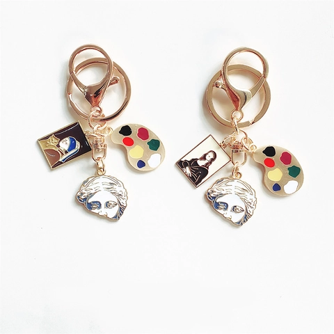 Porte-clés Artistique en Alliage de Zinc Émail Peintures Célèbres Mona Lisa Jeune Fille à la Perle Sculpture Palette Pendentif Créatif