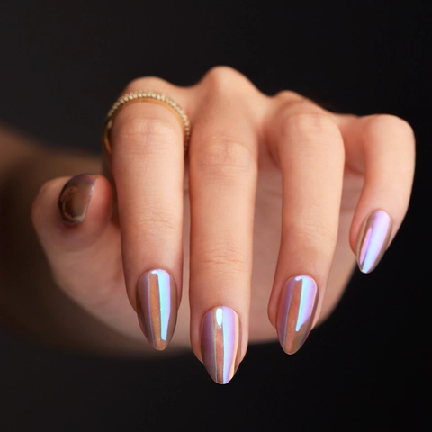 Kurze Mandelform Aufpressnägel Aurora Cat Eye Holografisch Irisierend Metallic Chrom Künstliche Nägel Damen