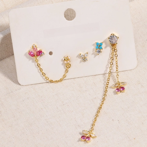 Zircon Flower Butterfly Stud Earrings Long Tassel Dangle Jewelry For Women Elegant Sweet Brass Copper Ear Jewelry