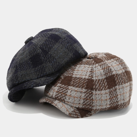 Newsboy Cap Retro Plaid Woolen Tweed Octagonal Hat British Style Casual Warm Windproof Winter For Men Women