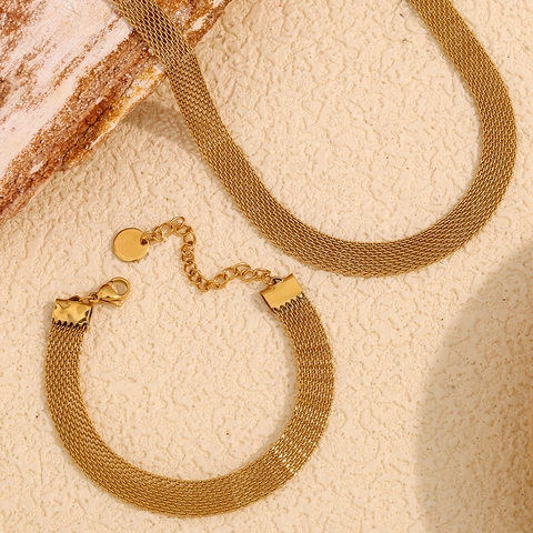 Ensemble Collier Et Bracelet À Mailles En Acier Inoxydable Plaqué Or 18K Choker Pour Femmes Bijoux De Mode