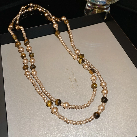 Collier À Künstliche Perles Double Rang Avec Künstliche Perles De Verre Et Oeil De Tigre Chaîne Longue Pull Accessoire Rétro Élégant Femmes