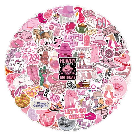 Calcomanías De Vinilo Impermeables Disco Cowgirl Rosa Para Computadora Portátil Botella De Agua Decorativas Retro Y2K Para Niñas