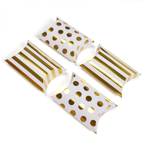 Mini Kissen Geschenkboxen Weißes Papier Goldfolie Punkte Streifen Muster Hochzeit Party Mitgebsel Handgemachte Süßigkeiten Verpackung