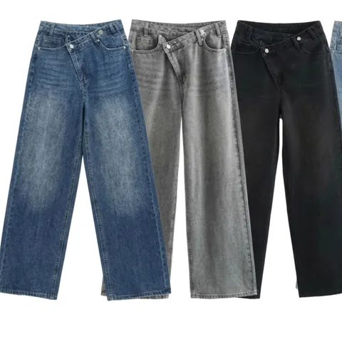 Women High Waist Wide Leg Jeans Cotton Denim Asymmetrical Crossed Button Waist Straight Pants Casual Chic Streetwear
