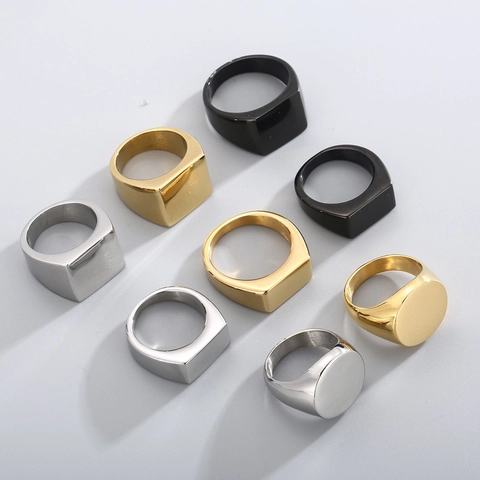 Anillo De Sello Acero Inoxidable Titanio Geométrico Redondo Cuadrado Rectángulo Minimalista Industrial Joyería Unisex