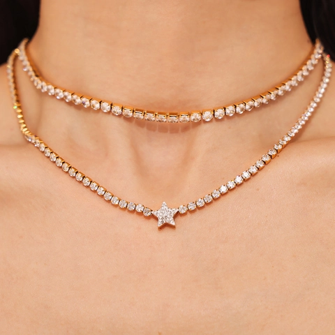Sweet Fashion Star Pendant Necklace Titanium Steel Zirconia Gold Plated 18K Gold Geometric Choker Jewelry For Women Gift