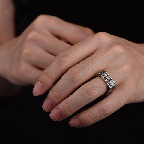 Bague Chevalière Carrée Vintage Pour Homme En Alliage Argenté Antique Gravé Ethnique Géométrique Band Punk Bijoux