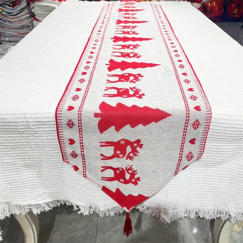 Camino De Mesa De Navidad Tejido Rojo Blanco Reno Copo De Nieve Borla Decoración Festiva De Comedor Mantel