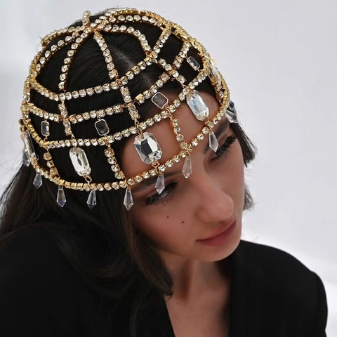 Luxury Rhinestone Head Chain For Women Exaggerated Mesh Tassel Fringe Hair Jewelry Bridal Wedding Party Accessory