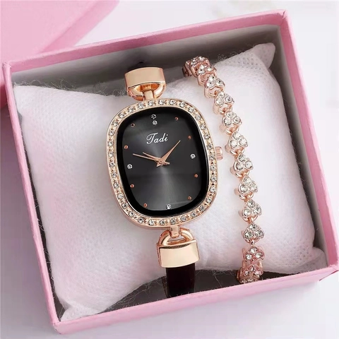 Women Fashion Wristwatch Elegant Rhinestone Inlaid Oval Dial Slim Faux Leather Strap And Bracelet Gift Box Quartz