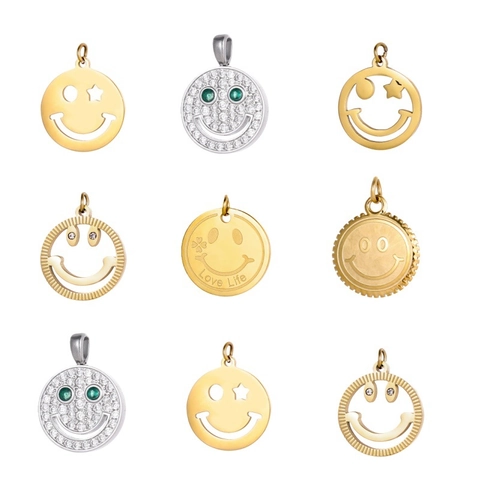 Pendentif Visage Souriant Acier Inoxydable Creux Rond Charme Avec Yeux Étoilés Inlay Zircon Accessoires Bijoux DIY