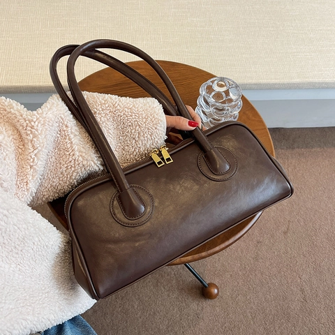 Vintage PU Leather Underarm Shoulder Bag Niche Design Solid Color Rectangular Tote For Women Daily Use