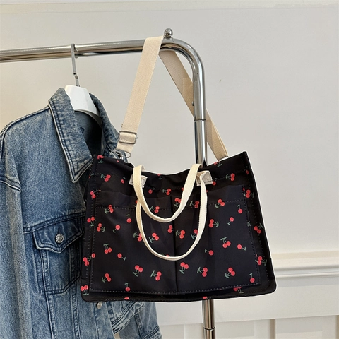 Cherry Print Canvas Tote Bag Large Capacity With Front Pockets And Adjustable Shoulder Strap Casual For Women