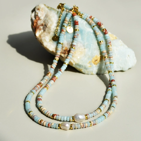 Handmade Shoushan Stone Necklace For Women Freshwater Pearl Stainless Steel Chain Bohemia Beaded Necklace French Vintage Jewelry