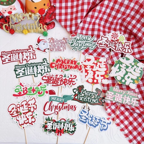 Christmas Cake Toppers Paper Wood Sticks Merry Christmas Cartoon Santa Reindeer For Baking Party Decoration