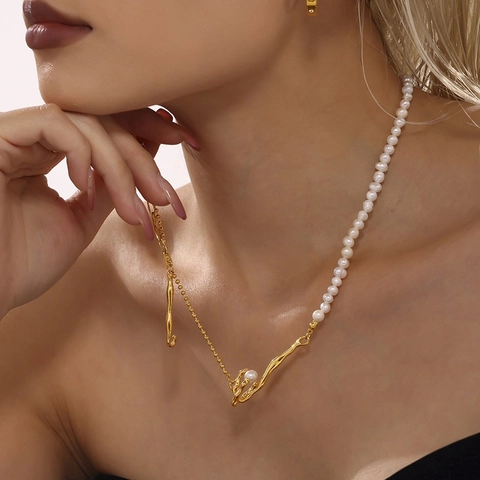 Irregular Baroque Freshwater Pearl Necklace For Women Gold Plated Stainless Steel Chain Fashion Elegant Jewelry Gift