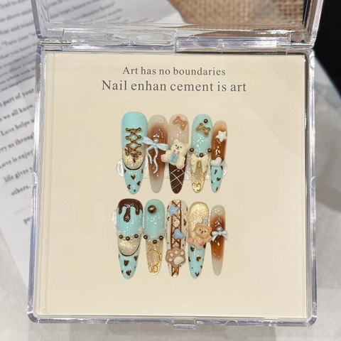 Künstliche Fingernägel Handgemacht Minzgrün Braun 3D Bär Schleife Künstliche Perle Ballett Mandelform Süß Modisch Dekorative