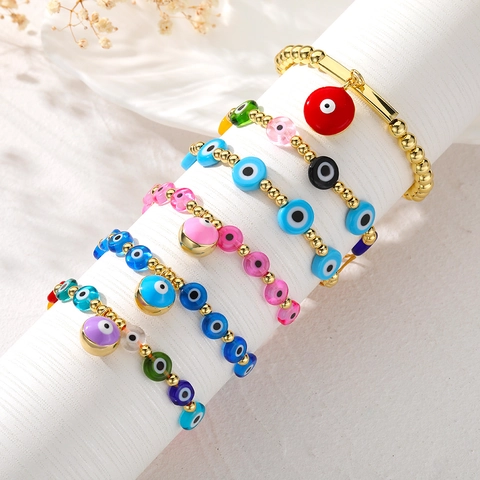 Bracelet Perles Mauvais Œil Cuivre Plaqué Or Perles De Verre Bohème Ethnique Charme Ajustable Bijoux Pour Femmes