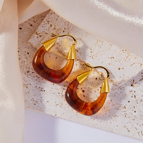 Orecchini a Cerchio in Resina a Forma di U in Rame Placcato Oro Vintage per Donna Gioielli Geometrici con Fibbia in Tartaruga