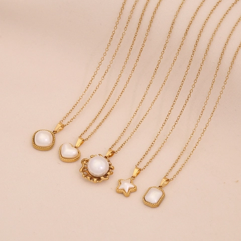 Collar Con Colgante Geométrico De Corazón Estrella Acero Inoxidable Chapado En Oro Perla Artificial De Imitación Joyería De Mujer