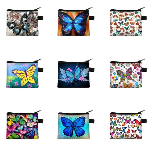 Coin Purse Mini Portable Zipper Pouch Polyester Canvas Texture Butterfly Astronaut Printed For Kids Students