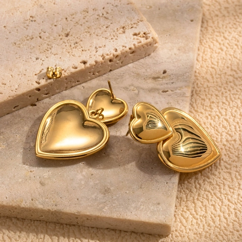 Stainless Steel Heart Drop Earrings Double Layer Polished Metallic Minimalist Fashion Jewelry For Women