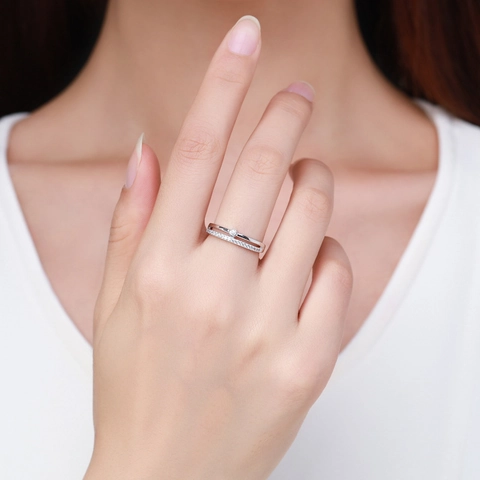 Elegant Double Layer 925 Sterling Silver Ring With Sparkling Round Zircon Simple Korean Style Jewelry Gift For Women