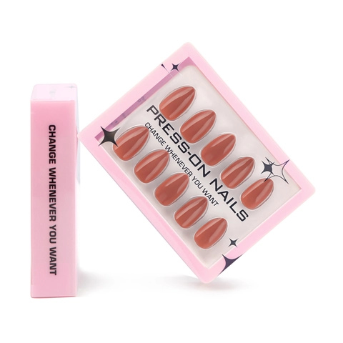 Solid Color Coffee Brown Press On Nails Almond Shape Glossy Full Cover Artificial Fake Finger Nails For Women Daily Wear