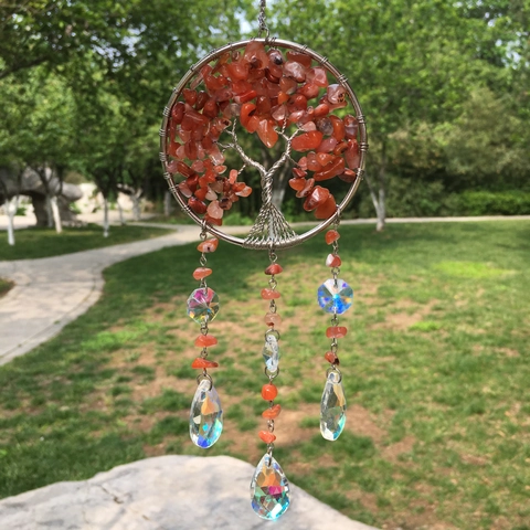 Tree Of Life Suncatcher Natural Crystal Stones Handmade Wire Wrapped Hanging Ornament Rainbow Maker Prism Window Garden Decor