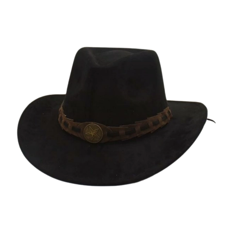 Vintage Western Cowboy Hat Faux Suede Wide Brim Retro Fedora With Metal Star Band For Outdoor Sun Protection