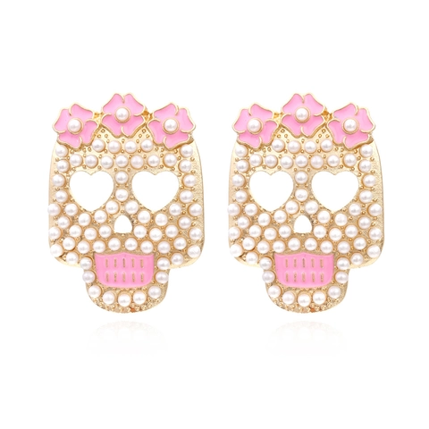 Boucles D'oreilles Tête De Mort Alliage Künstliche Perle D'imitation Fleur Émail Rose Cœur Œil Creux Exagéré Jour Des Morts