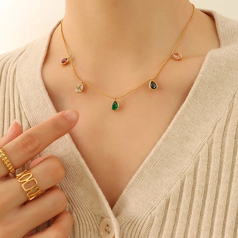 Collar Con Colgante De Circonita De Colores Gota De Agua Acero De Titanio Cadena De Bolas Joyería Elegante
