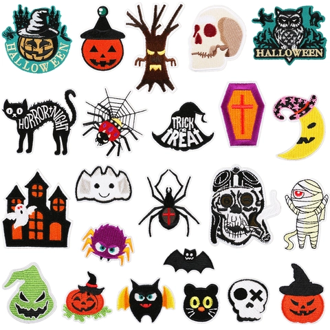 Halloween Embroidery Patches Horror Pumpkin Skull Spider Iron On Cloth Stickers For Clothing DIY Decoration